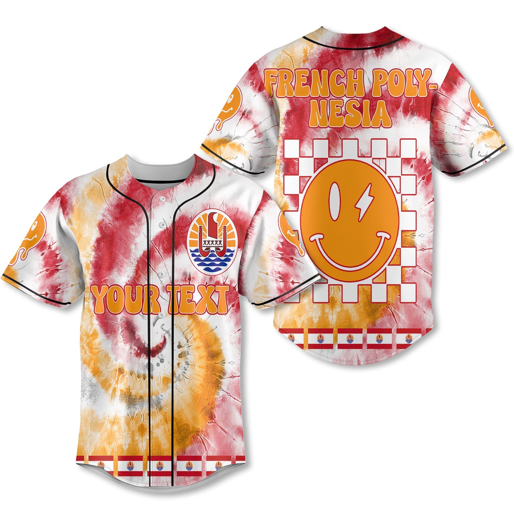 French Polynesia Baseball Jersey Custom Tie Dye Style 1