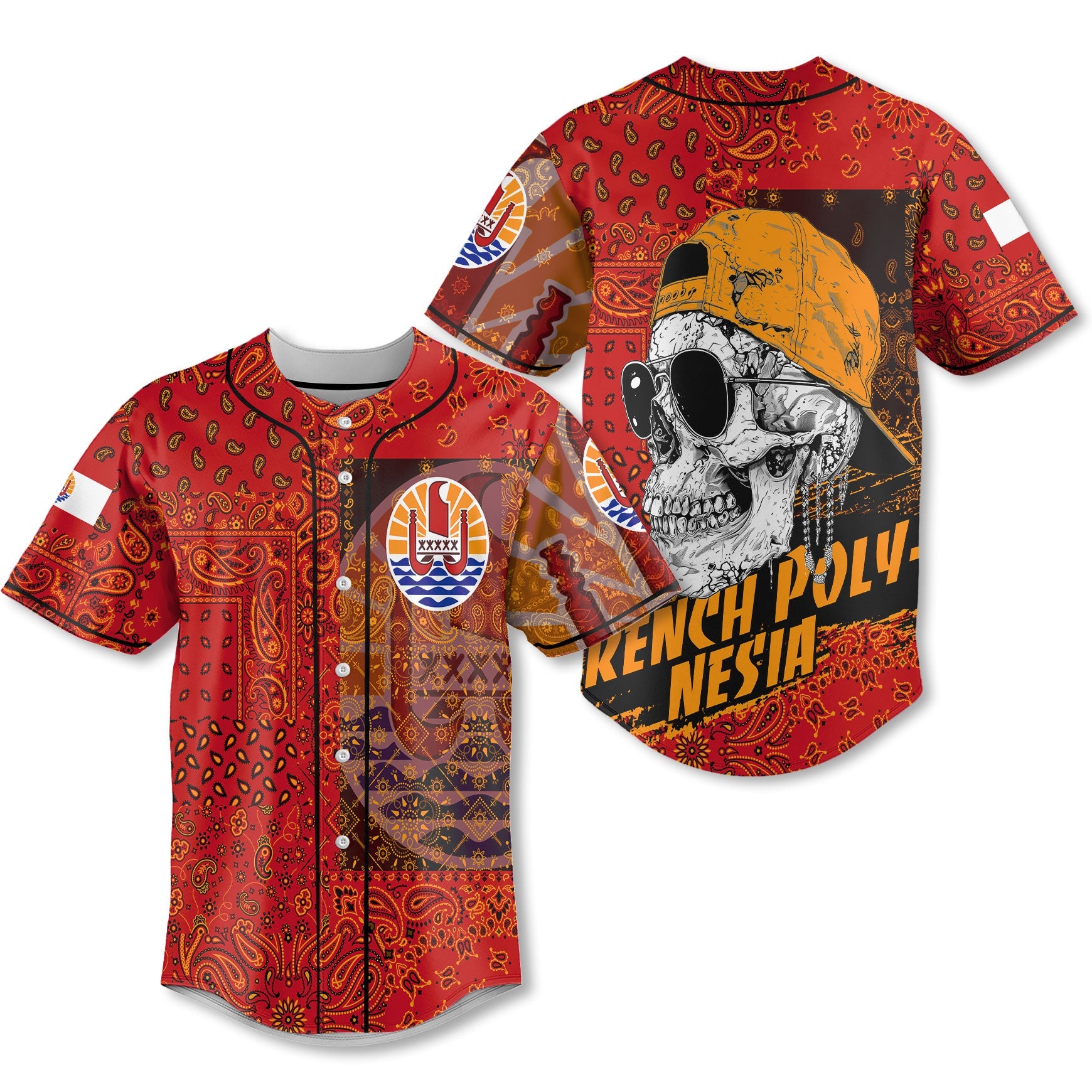 French Polynesia Baseball Jersey Paisley Flag And Skull Style 1