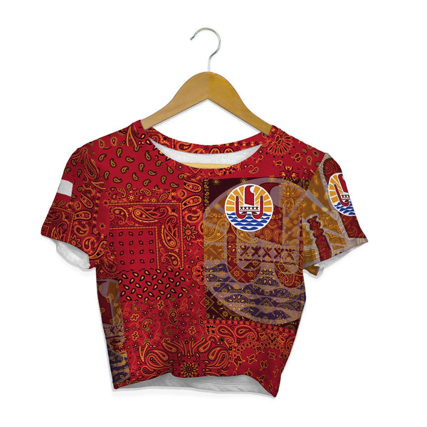 French Polynesia Croptop T Shirt Paisley Flag And Skull Style 1