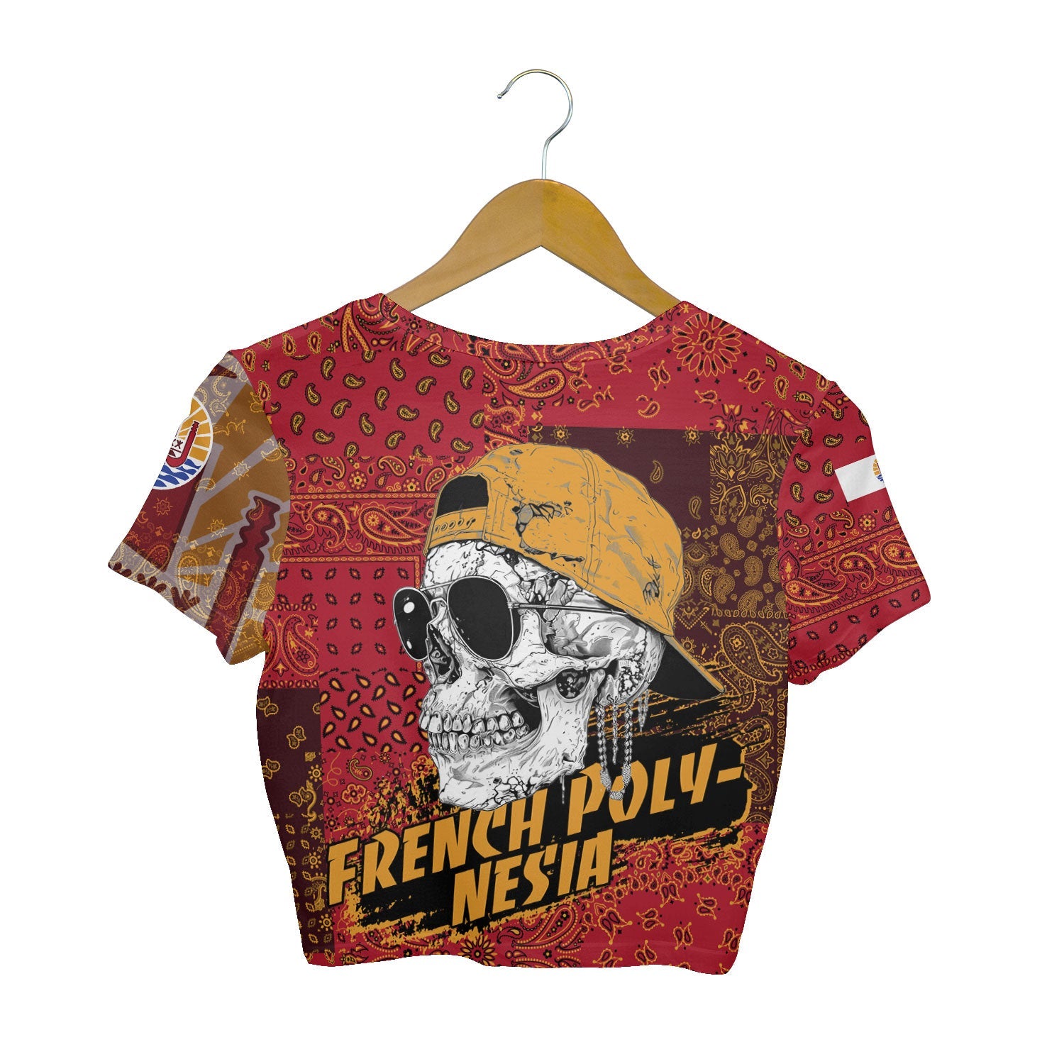 French Polynesia Croptop T Shirt Paisley Flag And Skull Style 2