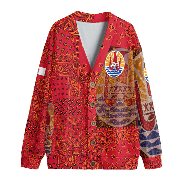 French Polynesia Fleece Cardigan Paisley Flag And Skull Style 1