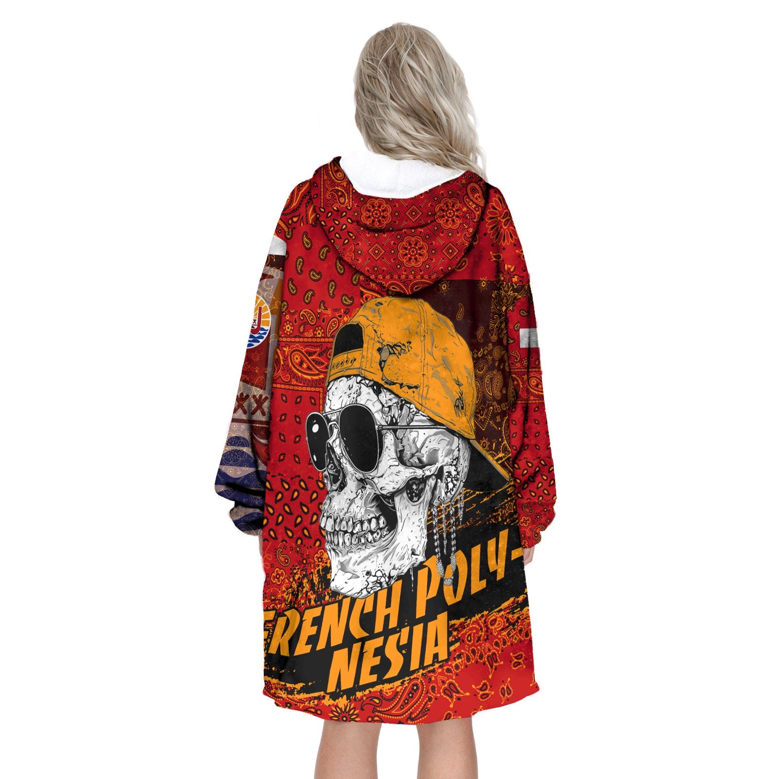 French Polynesia Hoodie Blanket Paisley Flag And Skull Style 3