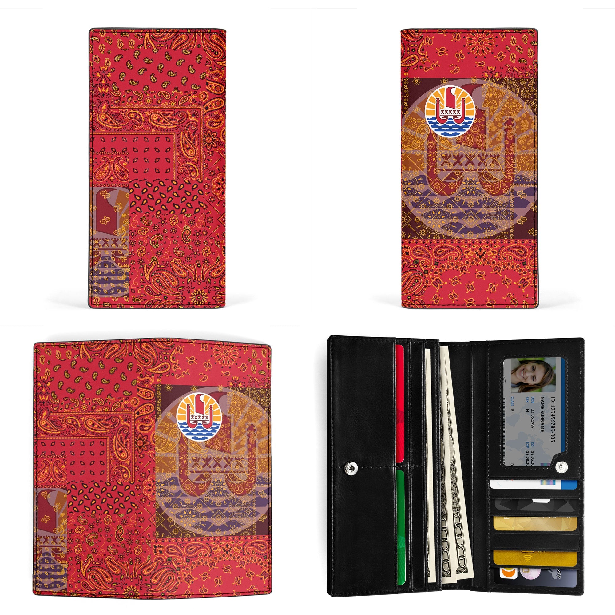 French Polynesia Leather Wallet Paisley Flag And Skull Style 3