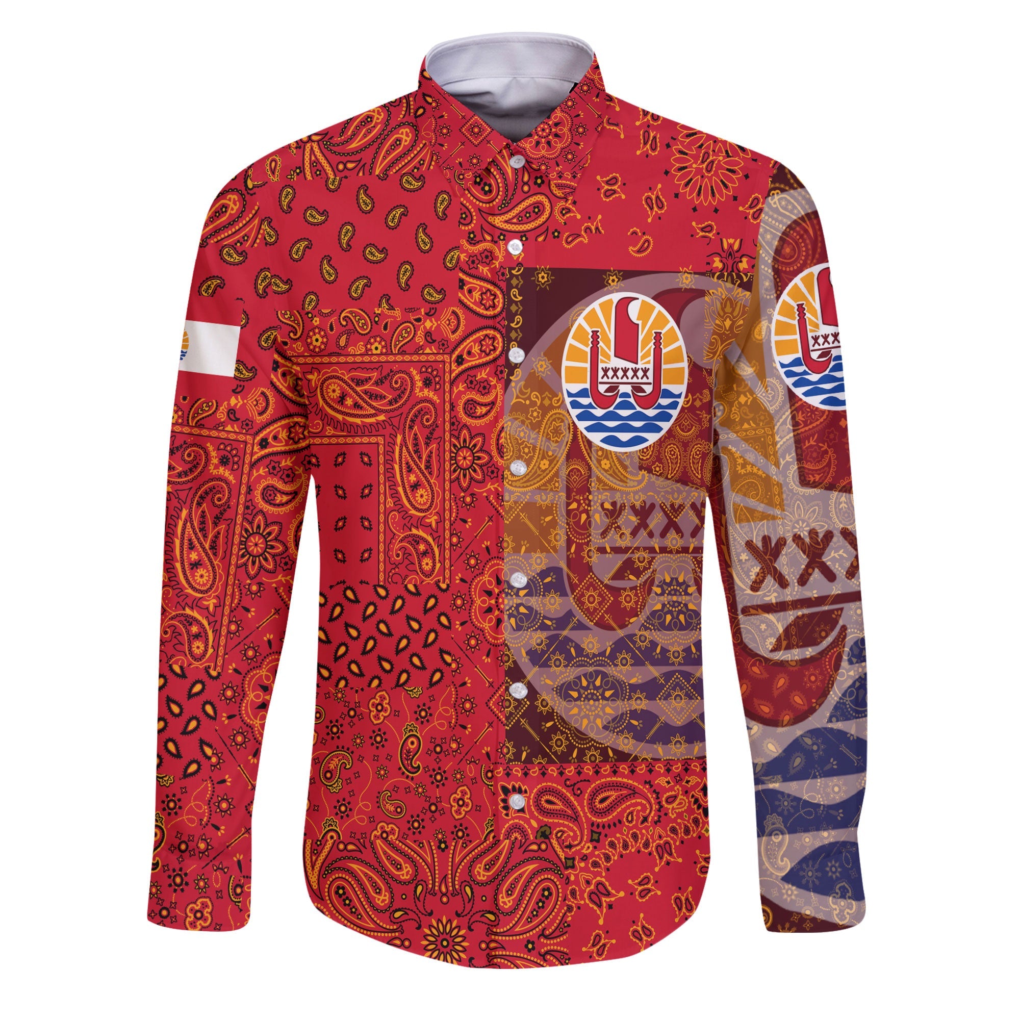 French Polynesia Long Sleeve Button Shirt Paisley Flag And Skull Style 1