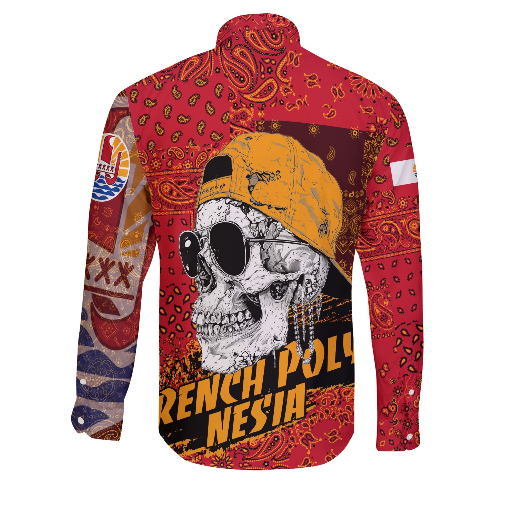 French Polynesia Long Sleeve Button Shirt Paisley Flag And Skull Style 2