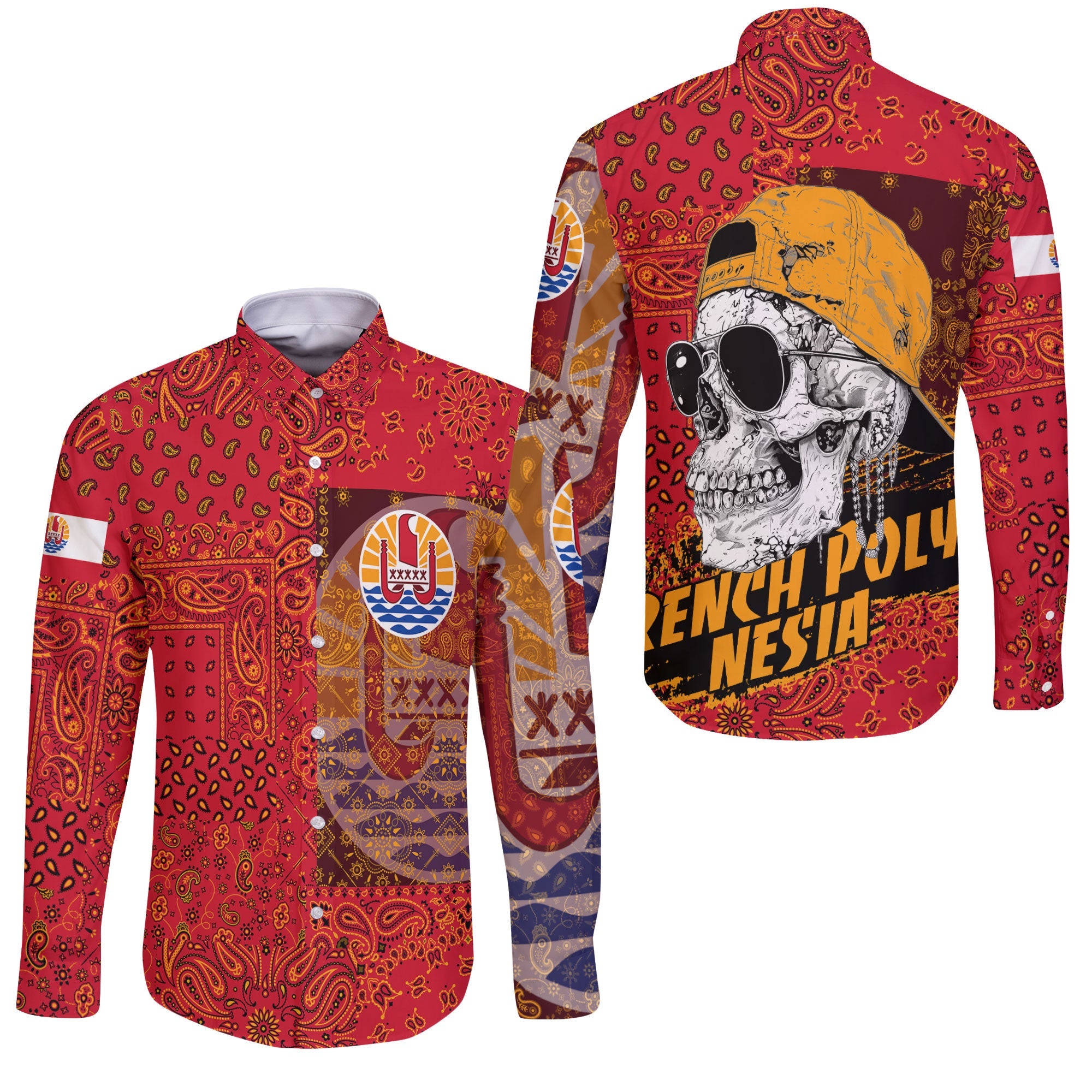 French Polynesia Long Sleeve Button Shirt Paisley Flag And Skull Style 3