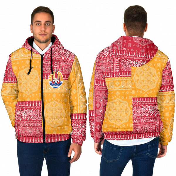 French Polynesia Men Hooded Padded Jacket Flag And Paisley Basic Style 1