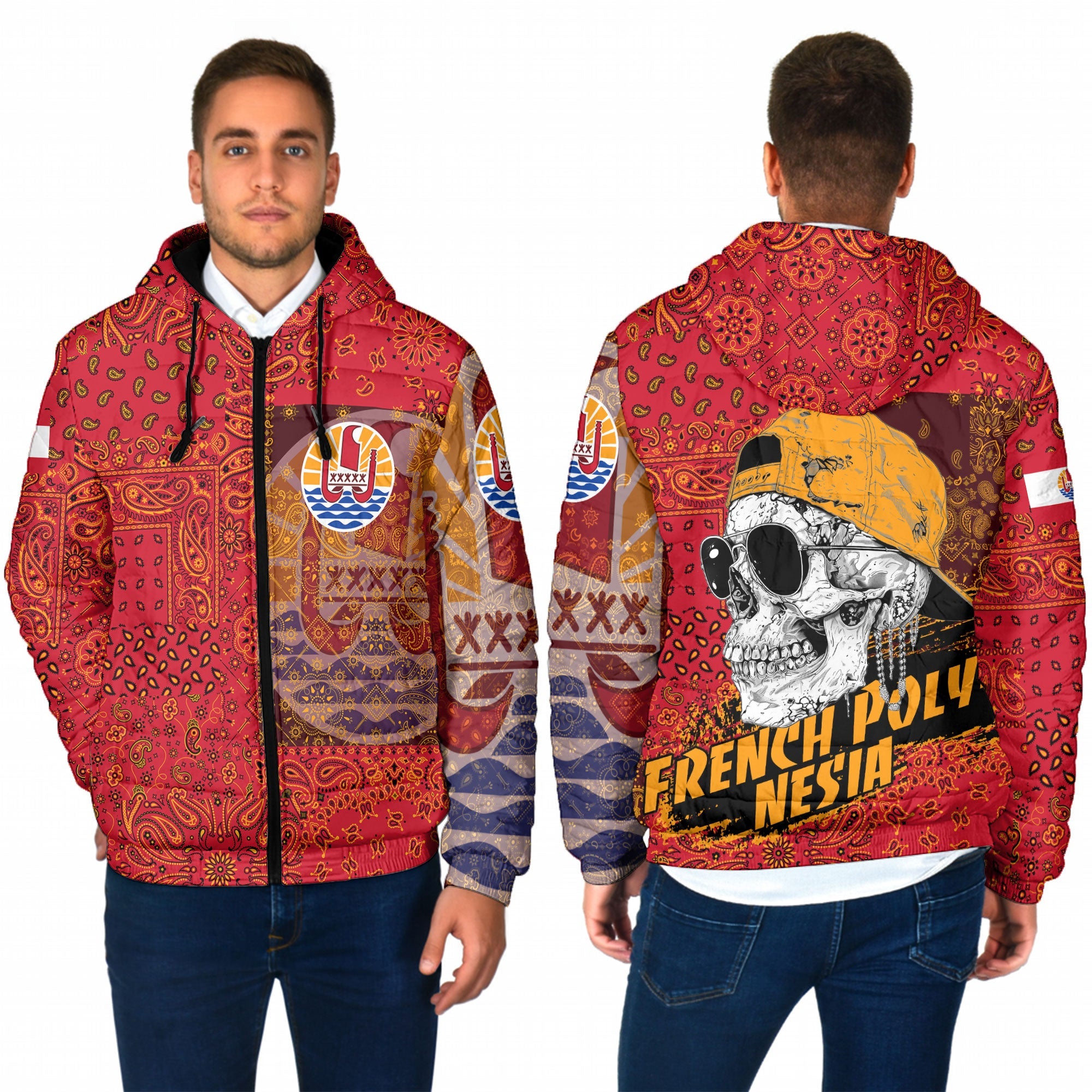 French Polynesia Men Hooded Padded Jacket Paisley Flag And Skull Style 1