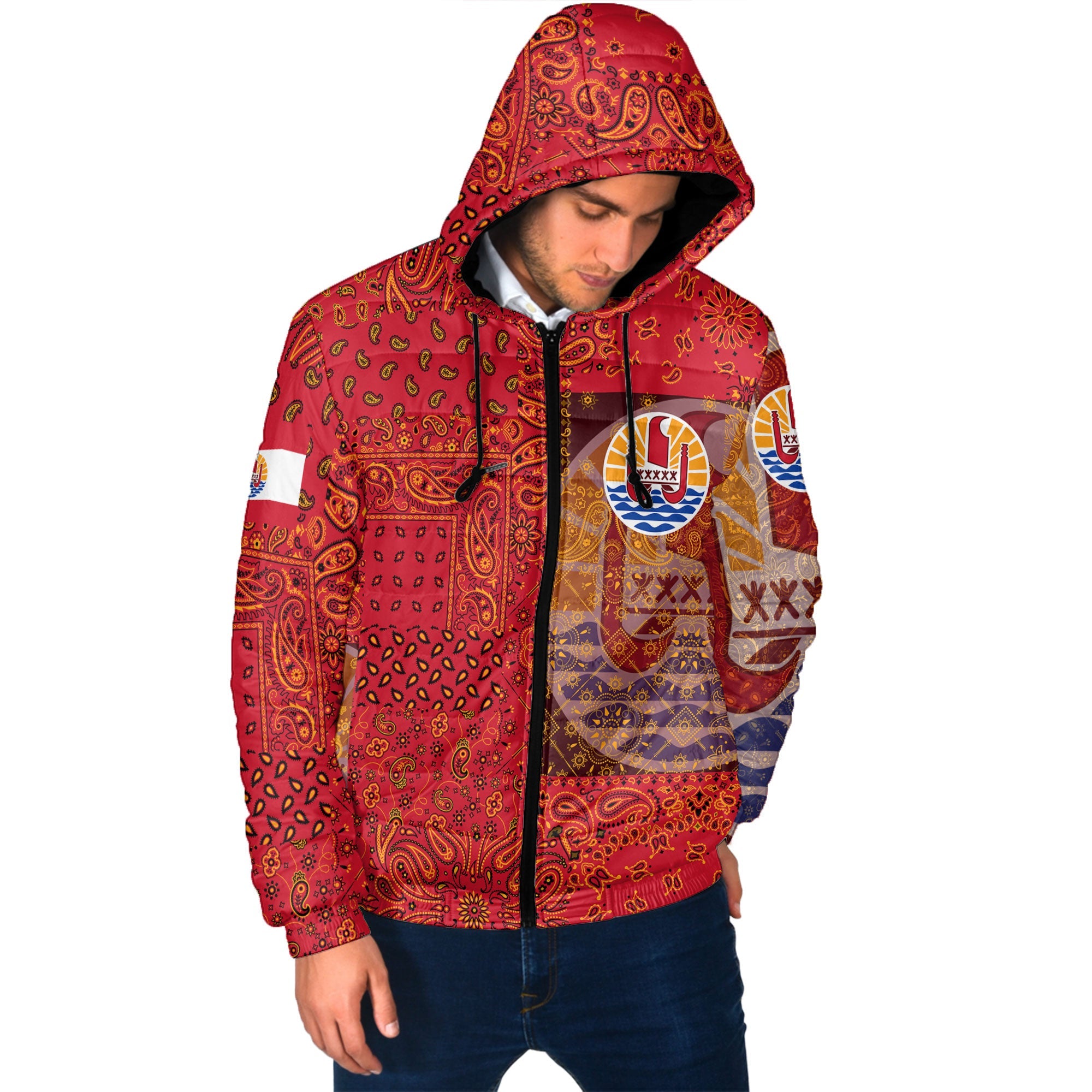 French Polynesia Men Hooded Padded Jacket Paisley Flag And Skull Style 2