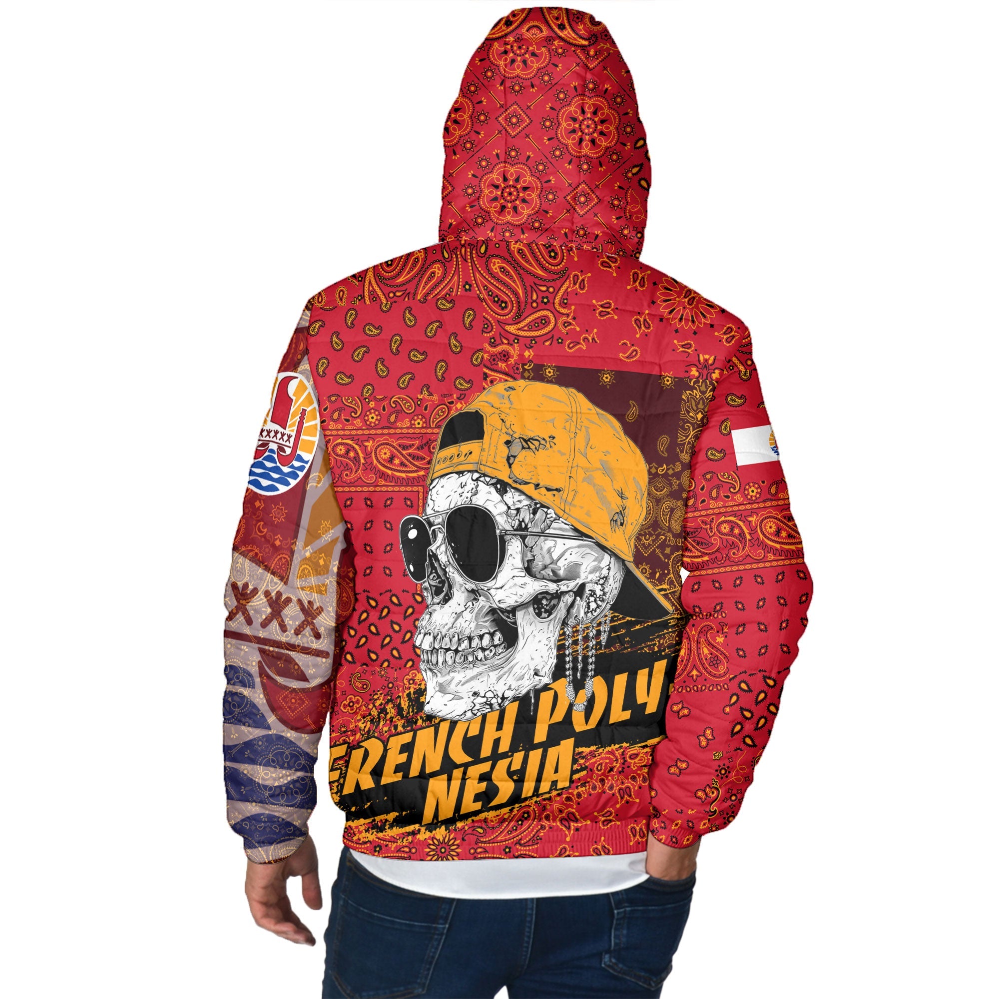 French Polynesia Men Hooded Padded Jacket Paisley Flag And Skull Style 3