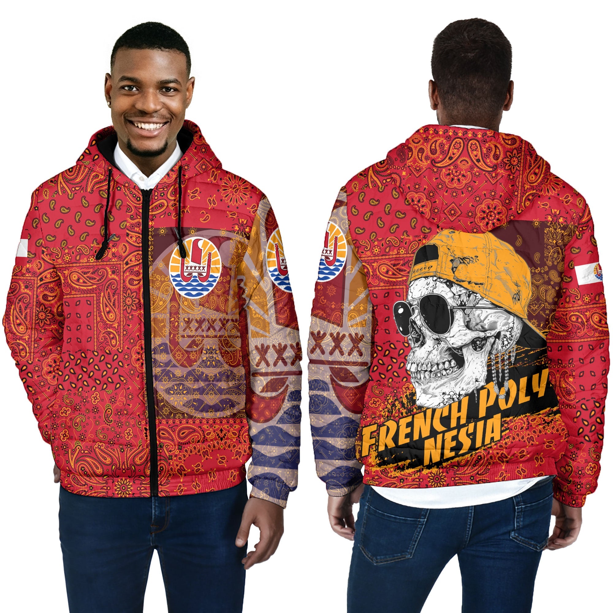 French Polynesia Men Hooded Padded Jacket Paisley Flag And Skull Style 4