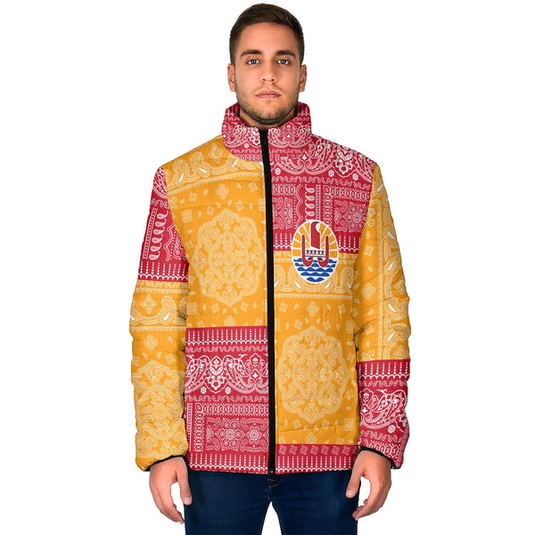 French Polynesia Men Padded Jacket Flag And Paisley Basic Style 1