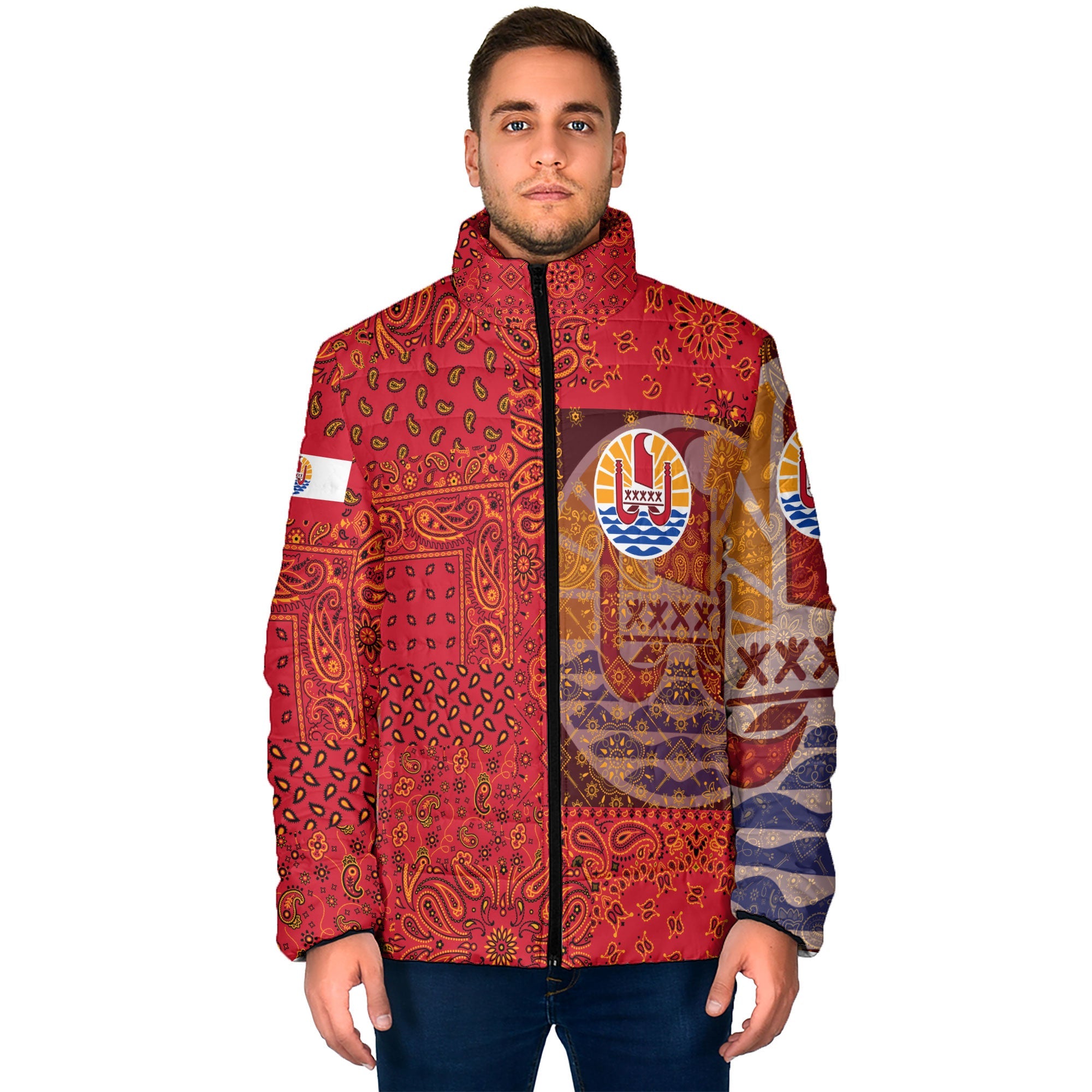 French Polynesia Men Padded Jacket Paisley Flag And Skull Style 1