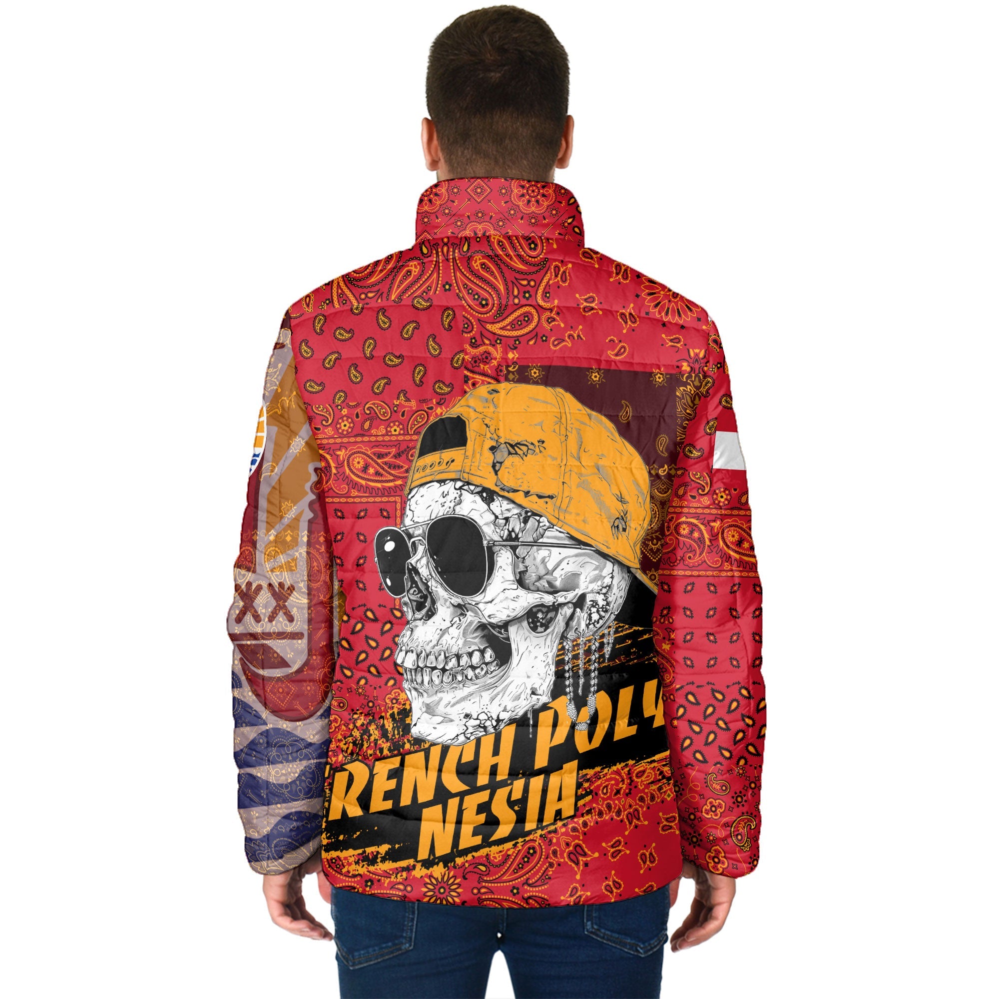 French Polynesia Men Padded Jacket Paisley Flag And Skull Style 2