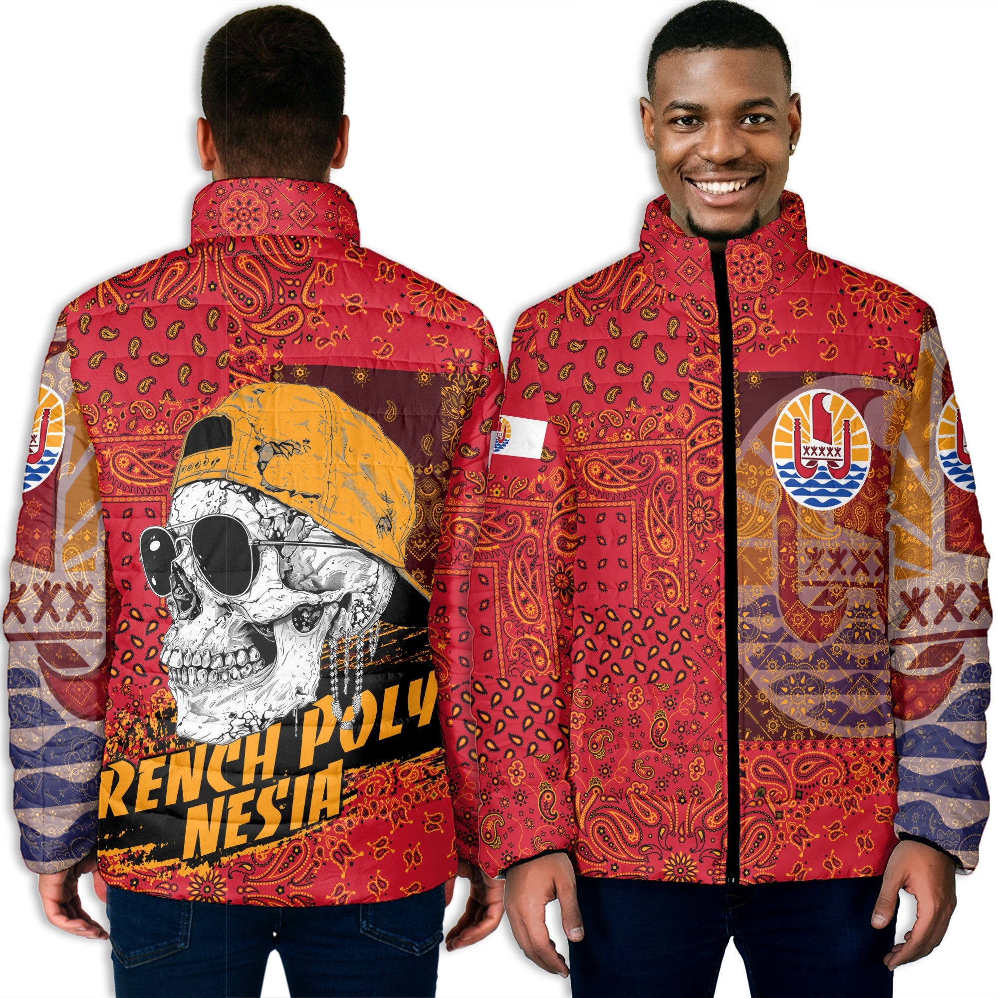 French Polynesia Men Padded Jacket Paisley Flag And Skull Style 3