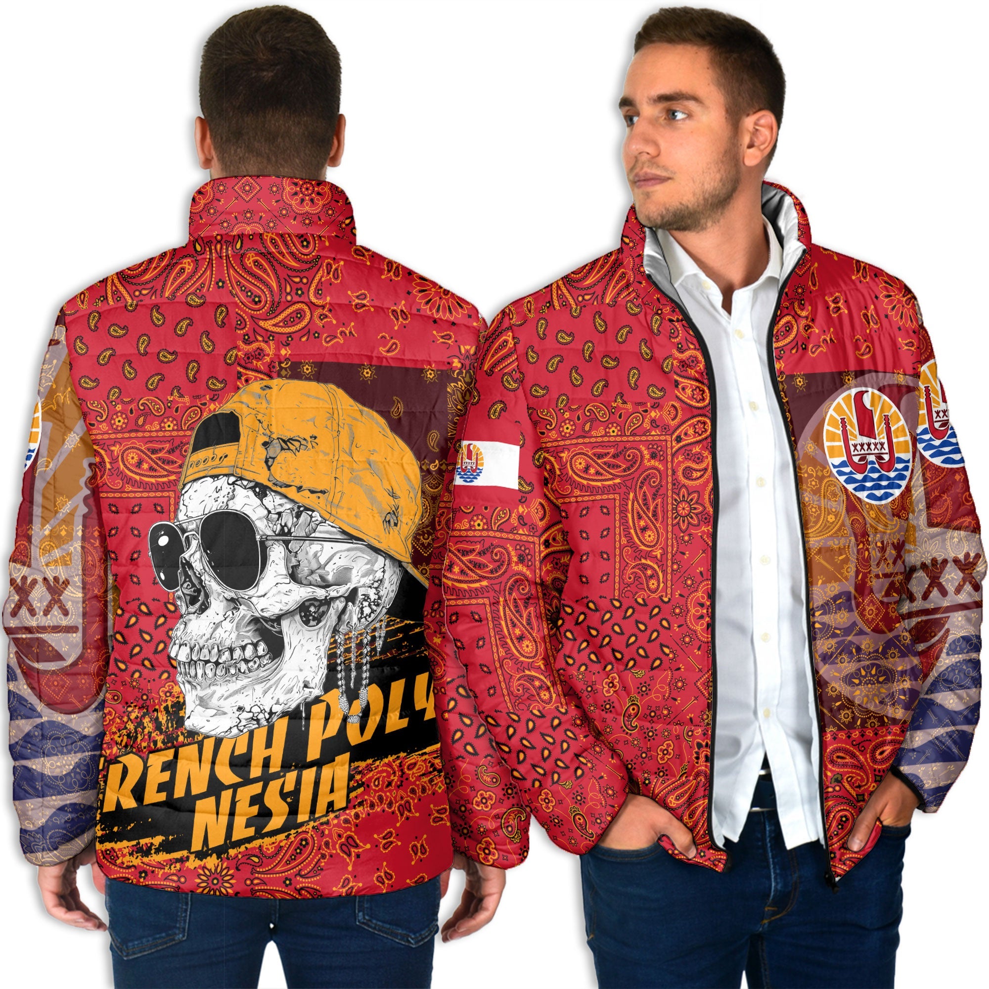 French Polynesia Men Padded Jacket Paisley Flag And Skull Style 4