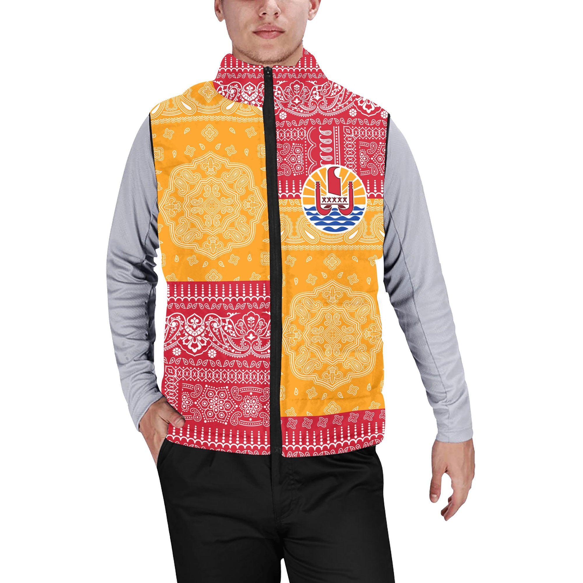 French Polynesia Men Padded Jacket Vest Flag And Paisley Basic Style 1