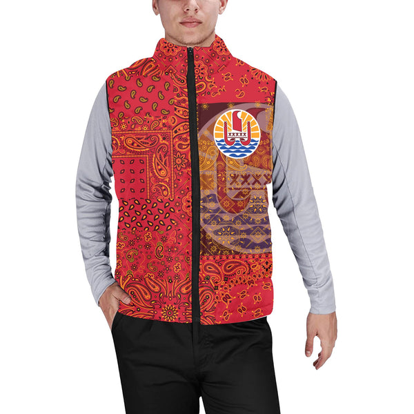 French Polynesia Men Padded Jacket Vest Paisley Flag And Skull Style 1