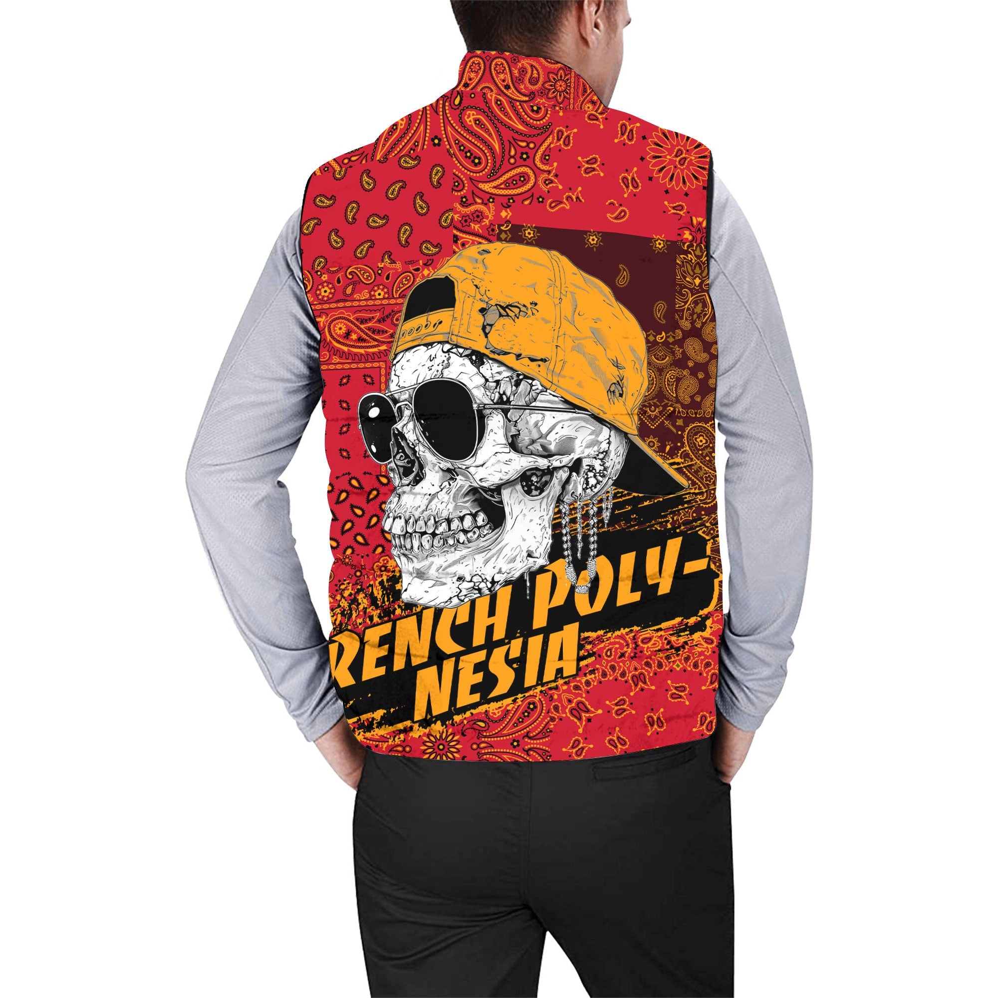 French Polynesia Men Padded Jacket Vest Paisley Flag And Skull Style 2