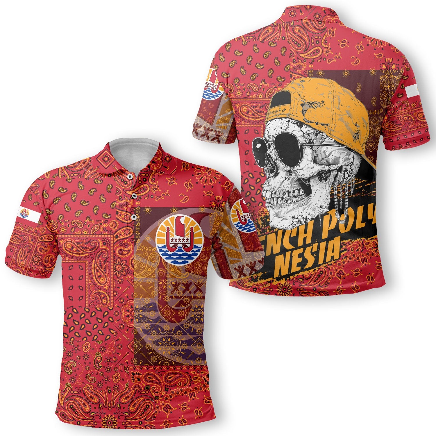 French Polynesia Polo Shirt Paisley Flag And Skull Style 1