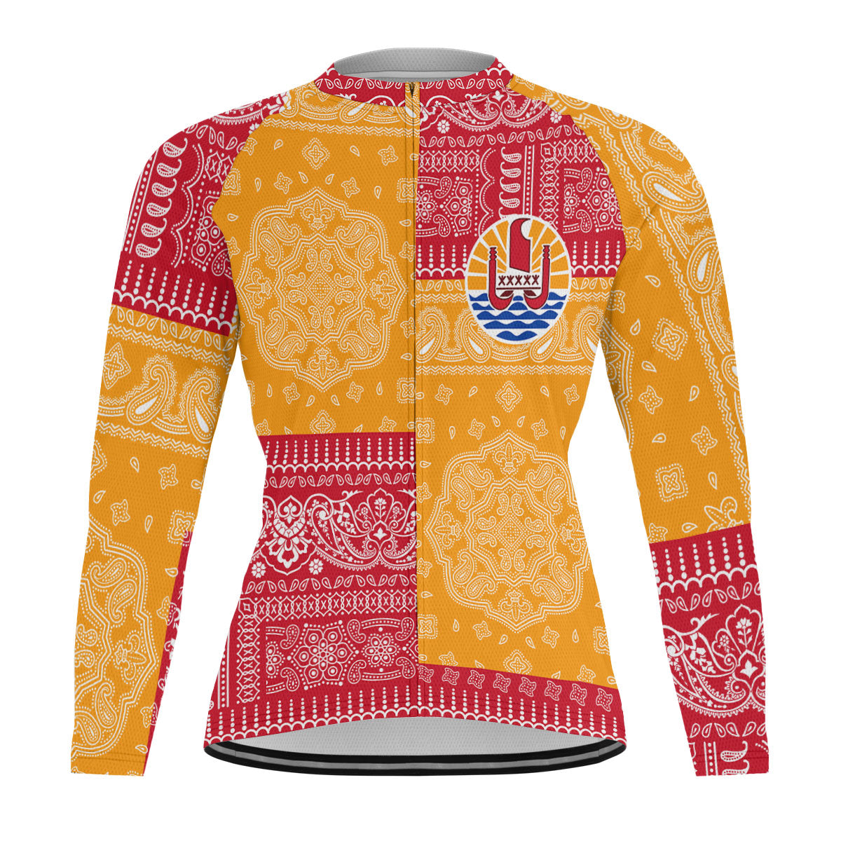 French Polynesia Raglan Men Cycling Jersey Long Sleeve Flag And Paisley Basic Style 1