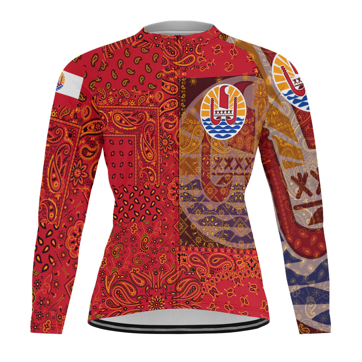 French Polynesia Raglan Men Cycling Jersey Long Sleeve Paisley Flag And Skull Style 1