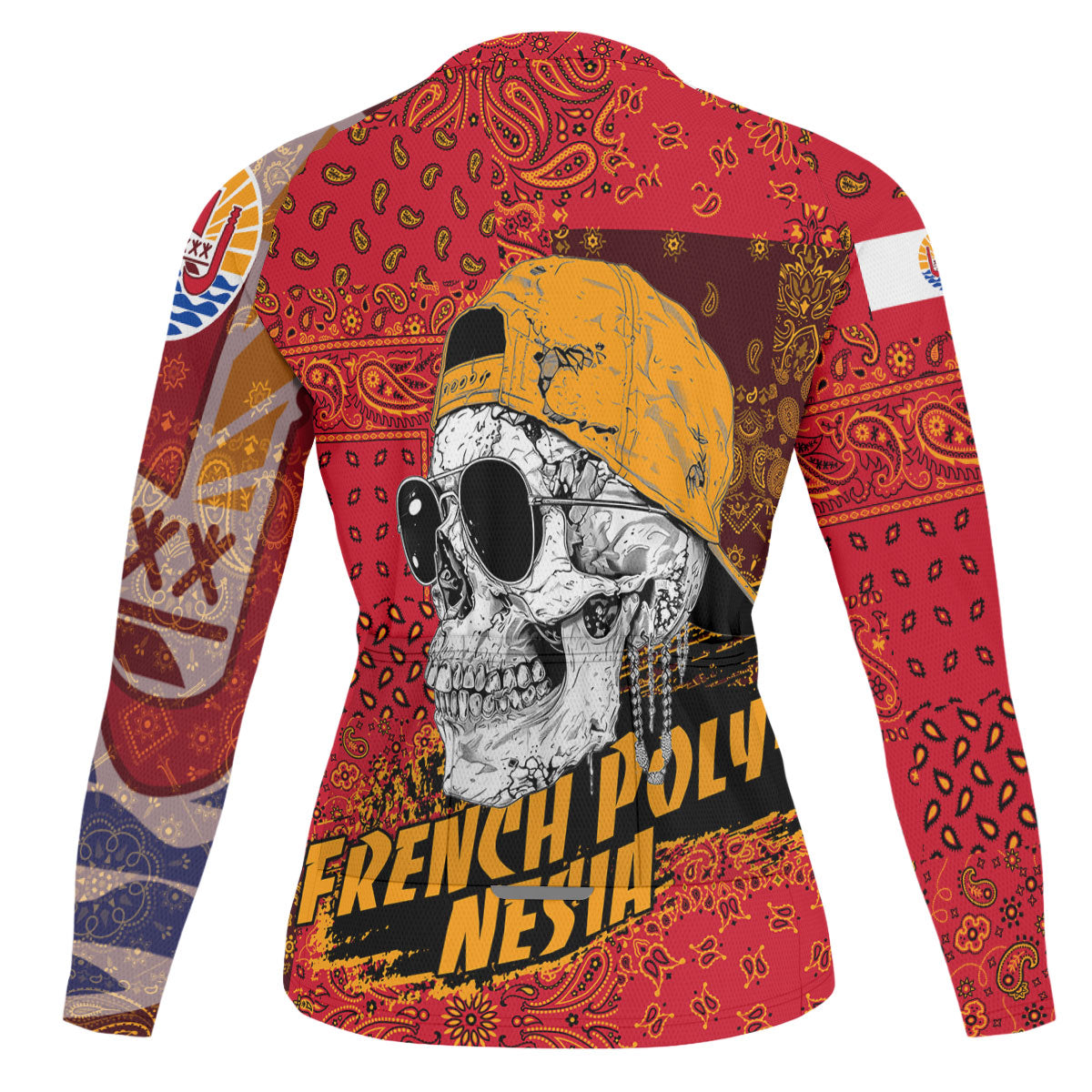 French Polynesia Raglan Men Cycling Jersey Long Sleeve Paisley Flag And Skull Style 2