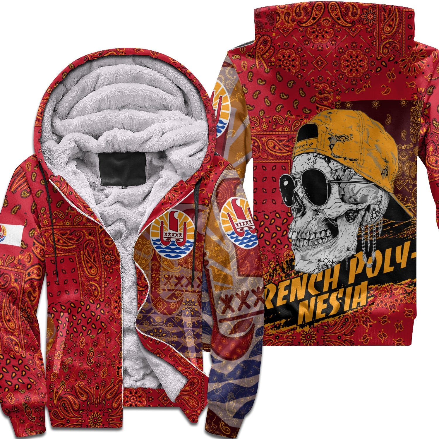 French Polynesia Sherpa Hoodie Paisley Flag And Skull Style 1