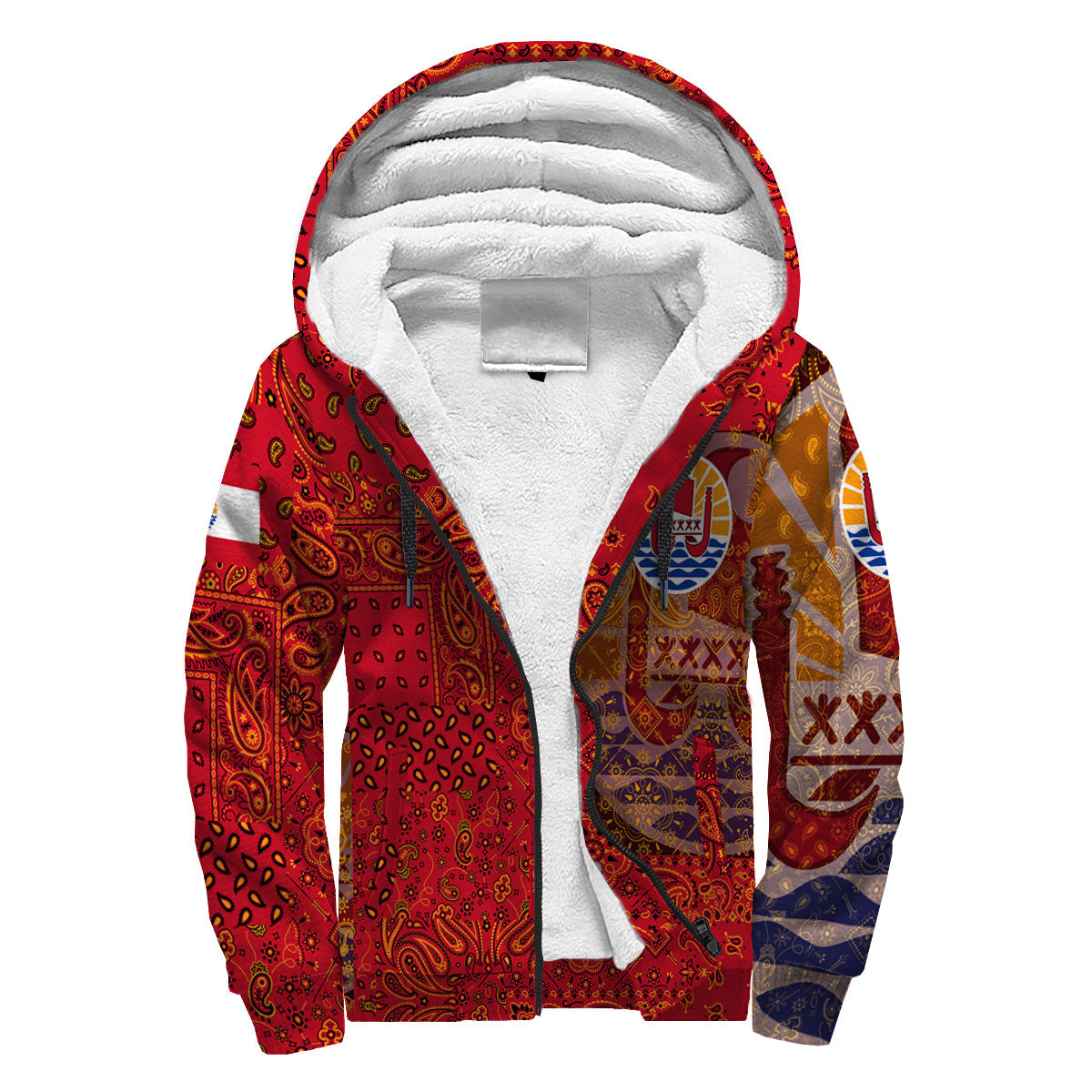 French Polynesia Sherpa Hoodie Paisley Flag And Skull Style 3