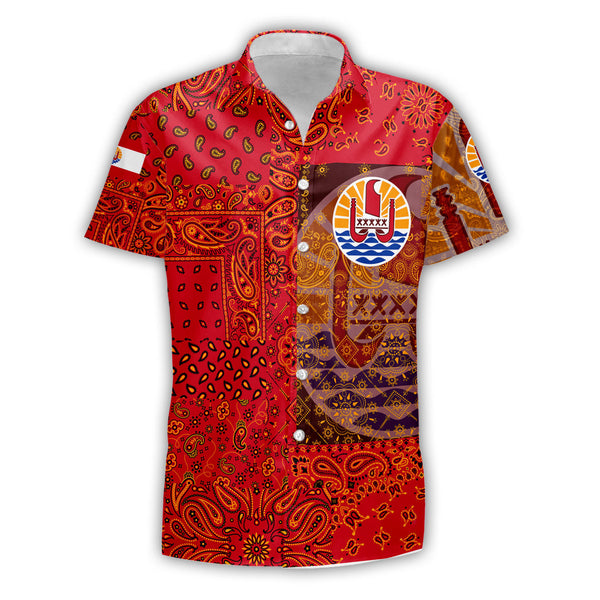 French Polynesia Short Sleeve Shirt Paisley Flag And Skull Style 1