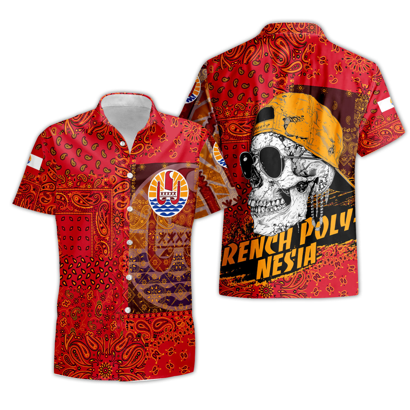 French Polynesia Short Sleeve Shirt Paisley Flag And Skull Style 3