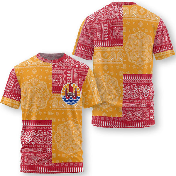 French Polynesia T Shirt Flag And Paisley Basic Style 1