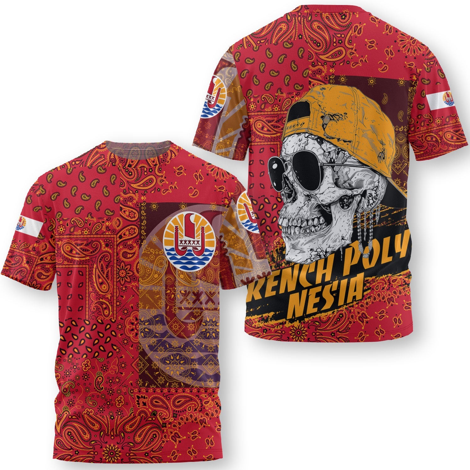 French Polynesia T Shirt Paisley Flag And Skull Style 3