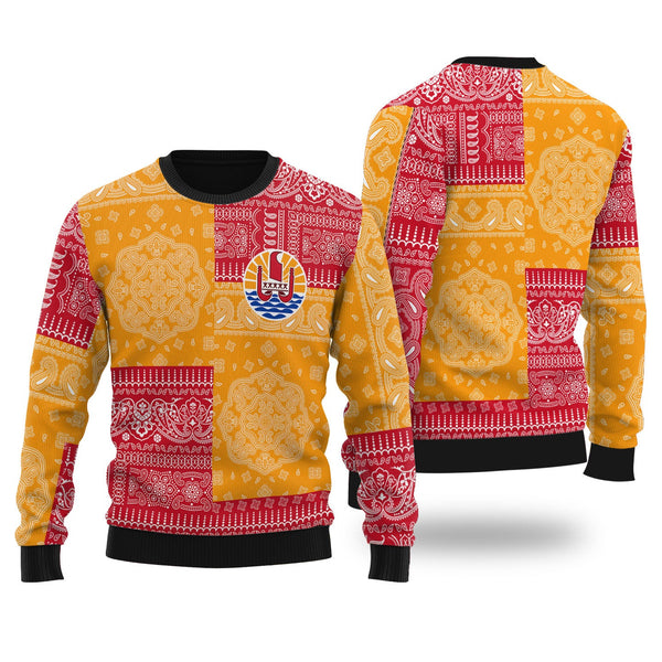 French Polynesia Ugly Sweater Flag And Paisley Basic Style 1