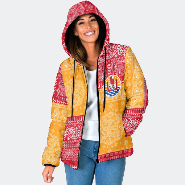 French Polynesia Women Hooded Padded Jacket Flag And Paisley Basic Style 1