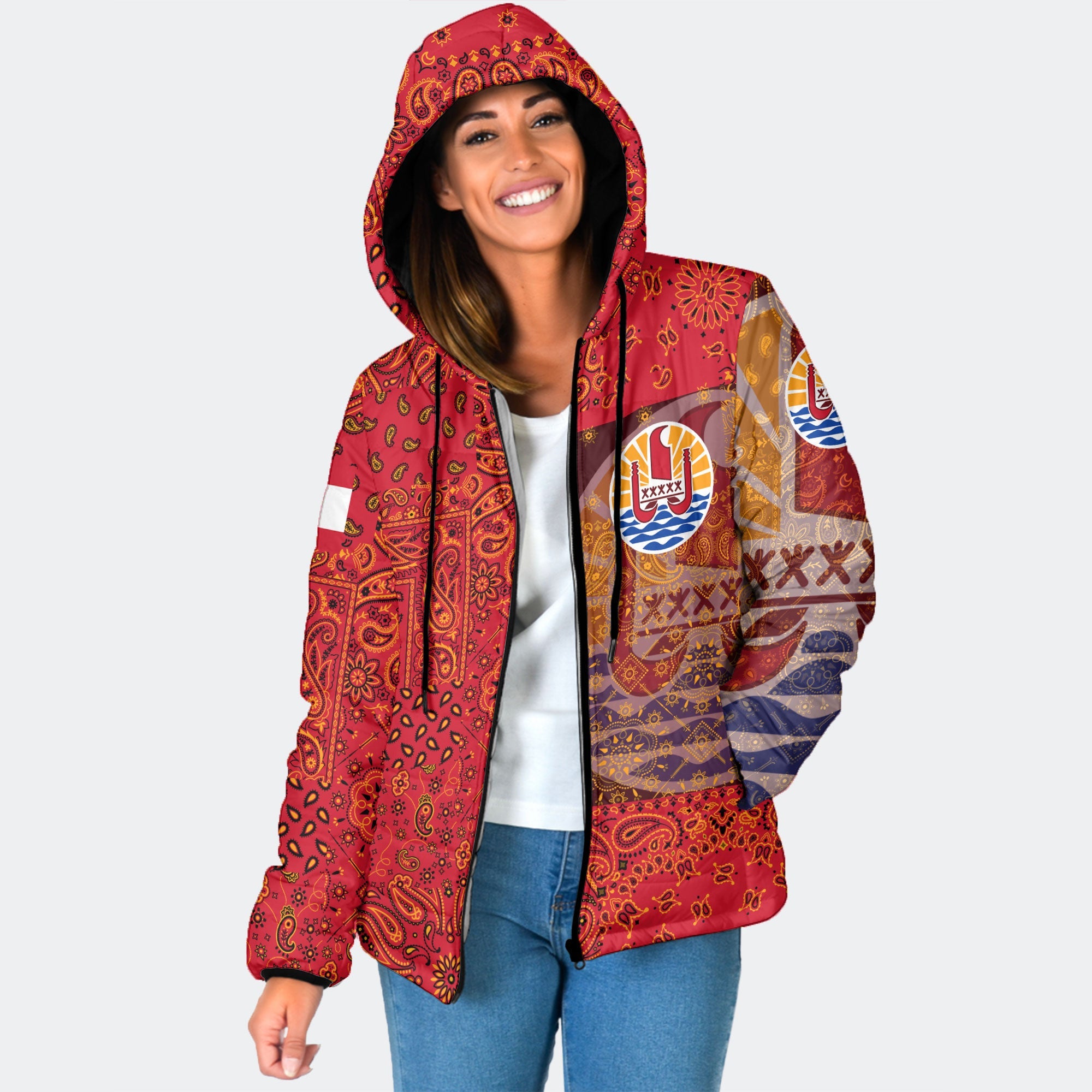 French Polynesia Women Hooded Padded Jacket Paisley Flag And Skull Style 1