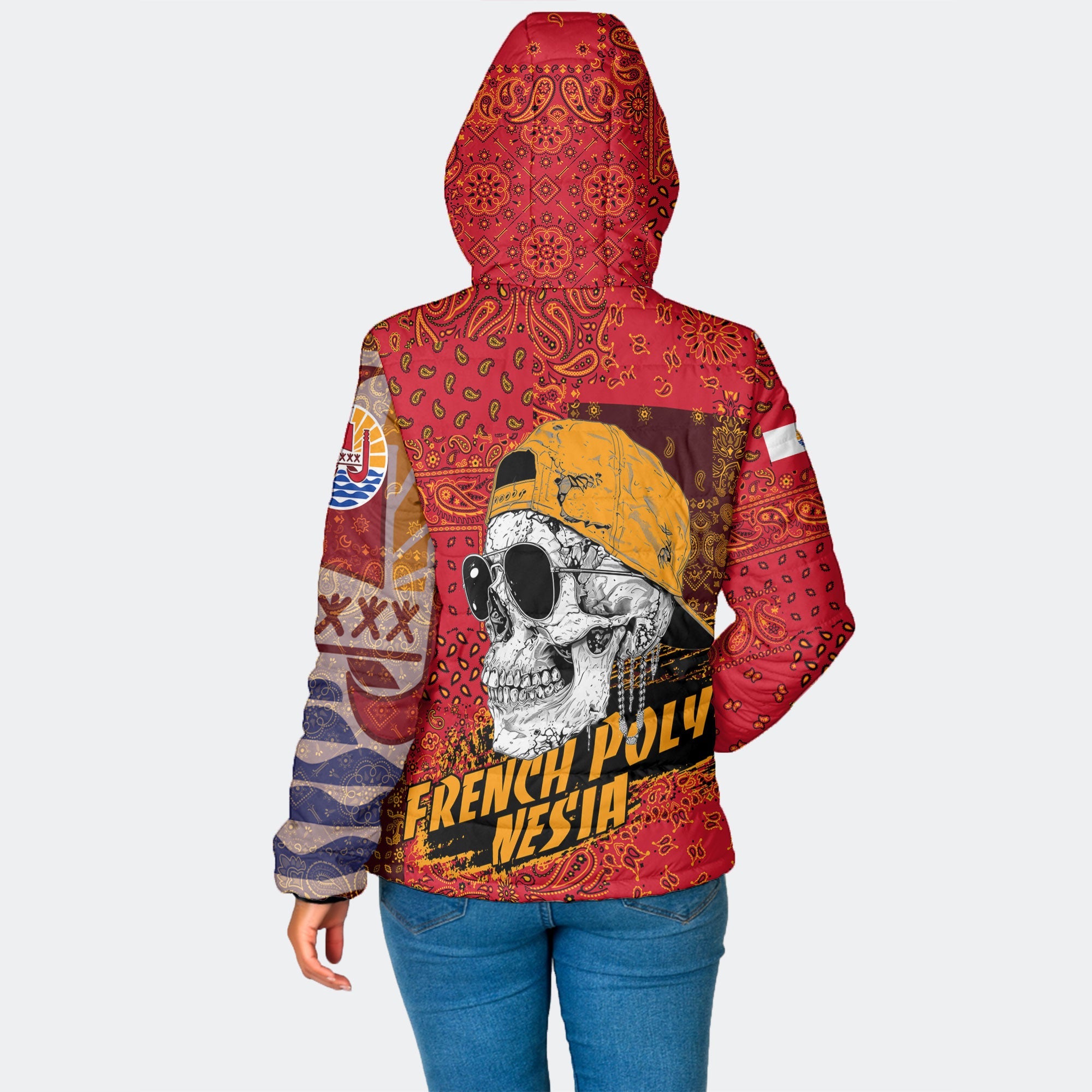 French Polynesia Women Hooded Padded Jacket Paisley Flag And Skull Style 2