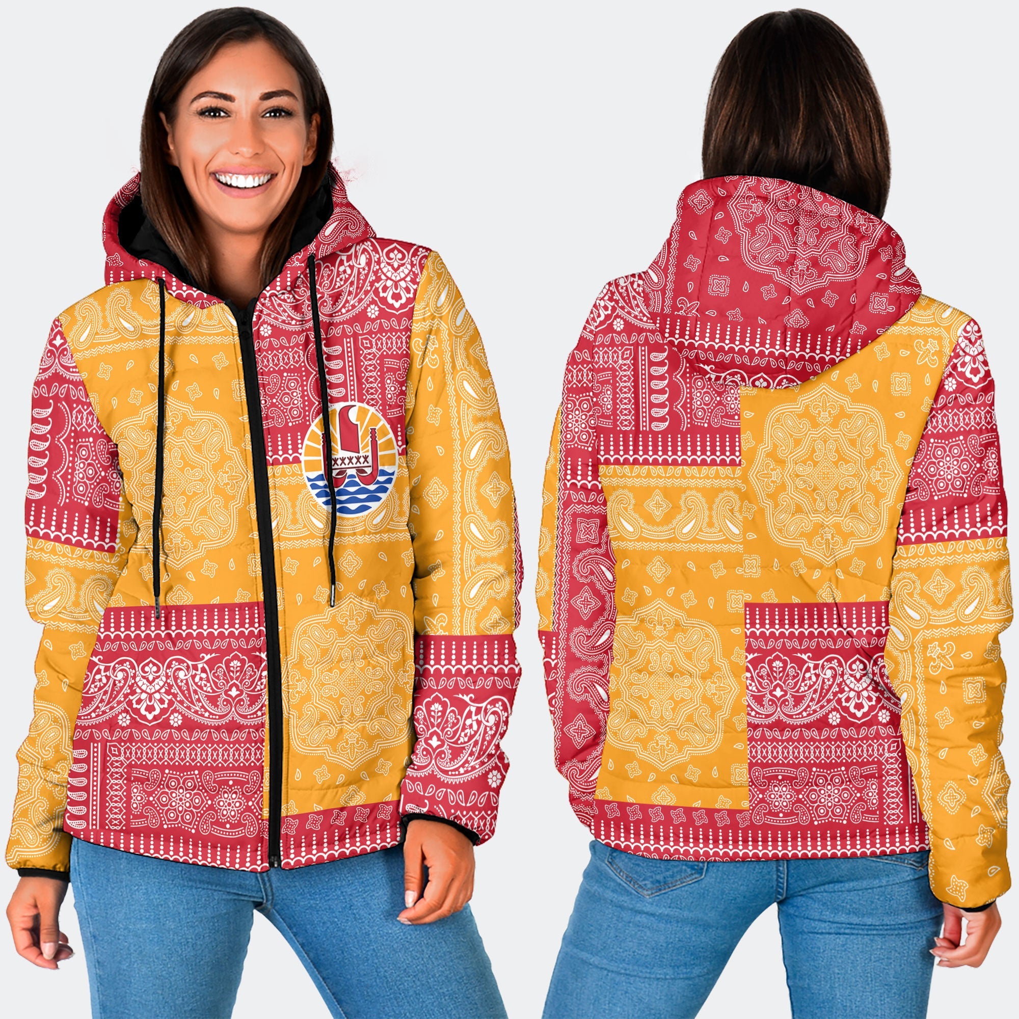 French Polynesia Women Hooded Padded Jacket Flag And Paisley Basic Style 3