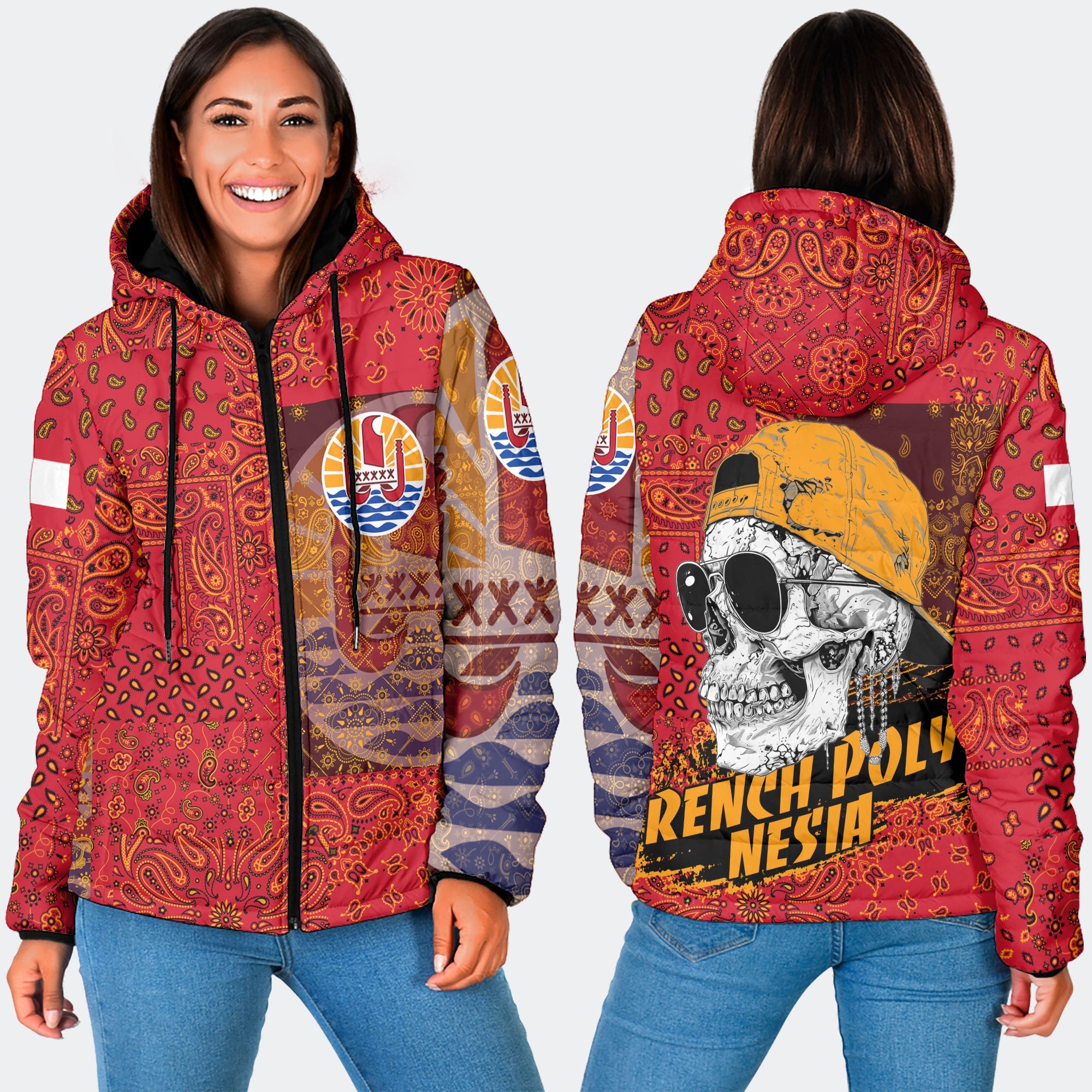 French Polynesia Women Hooded Padded Jacket Paisley Flag And Skull Style 3