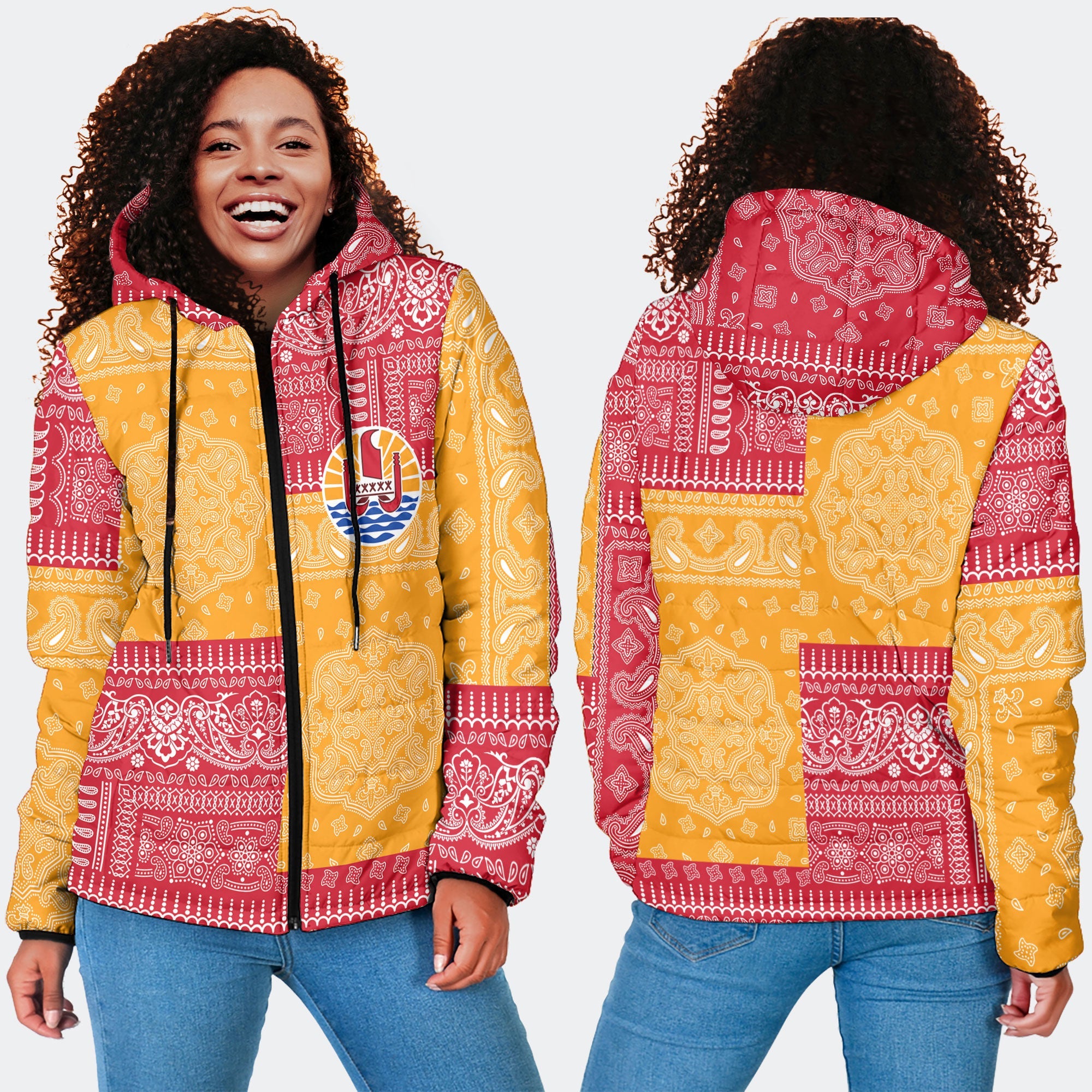 French Polynesia Women Hooded Padded Jacket Flag And Paisley Basic Style 4