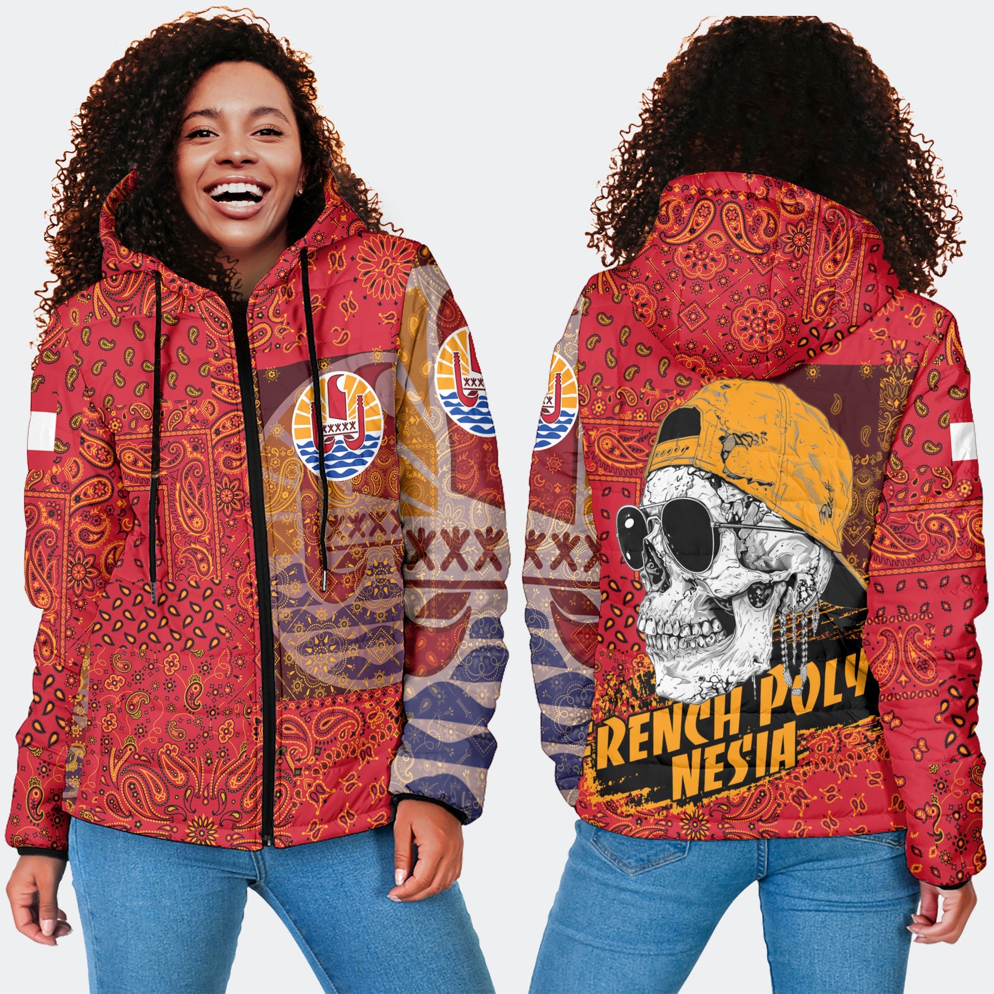 French Polynesia Women Hooded Padded Jacket Paisley Flag And Skull Style 4