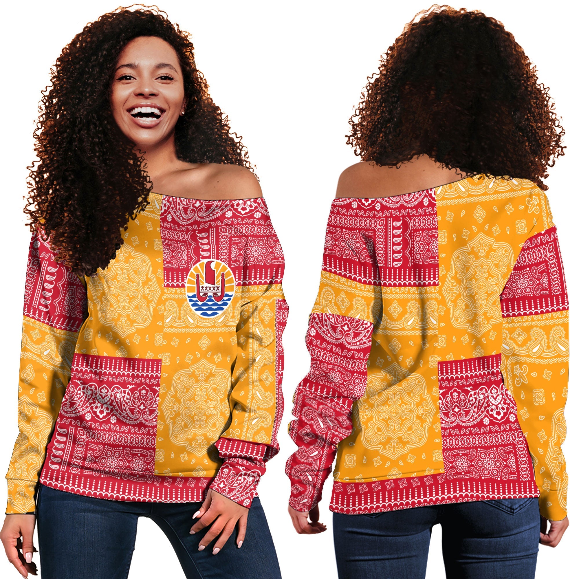 French Polynesia Women Off Shoulder Sweatshirt Flag And Paisley Basic Style 1