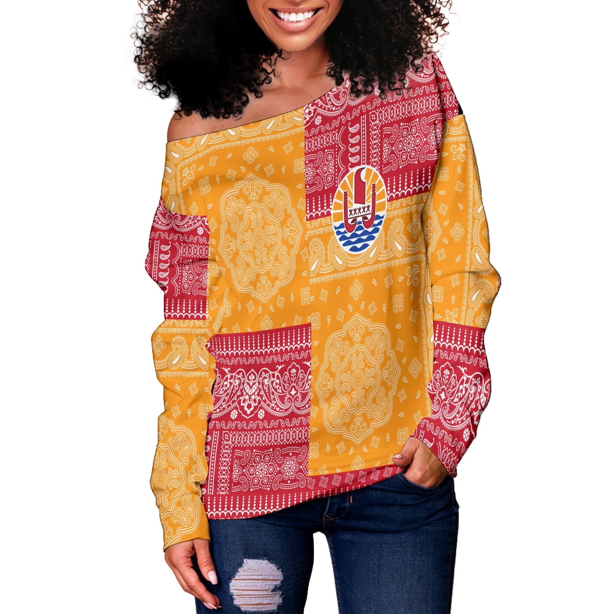 French Polynesia Women Off Shoulder Sweatshirt Flag And Paisley Basic Style 2