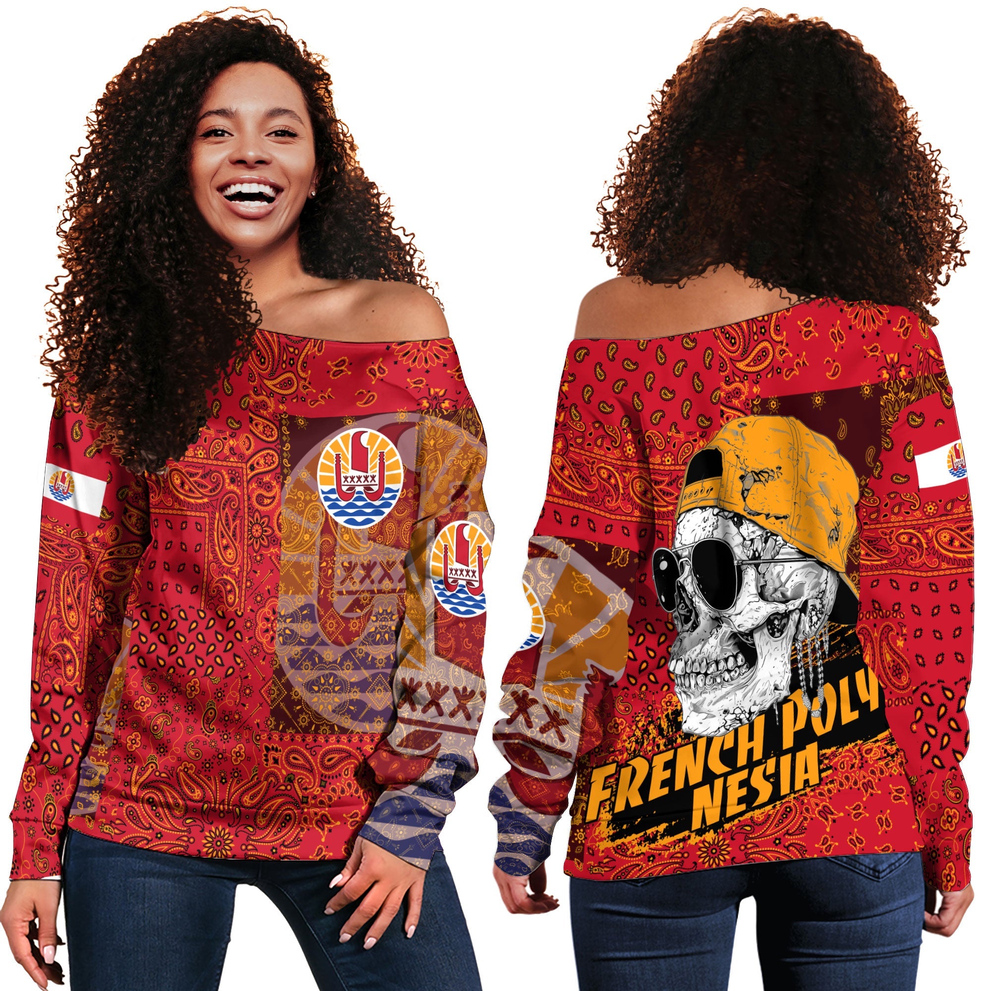 French Polynesia Women Off Shoulder Sweatshirt Paisley Flag And Skull Style 1