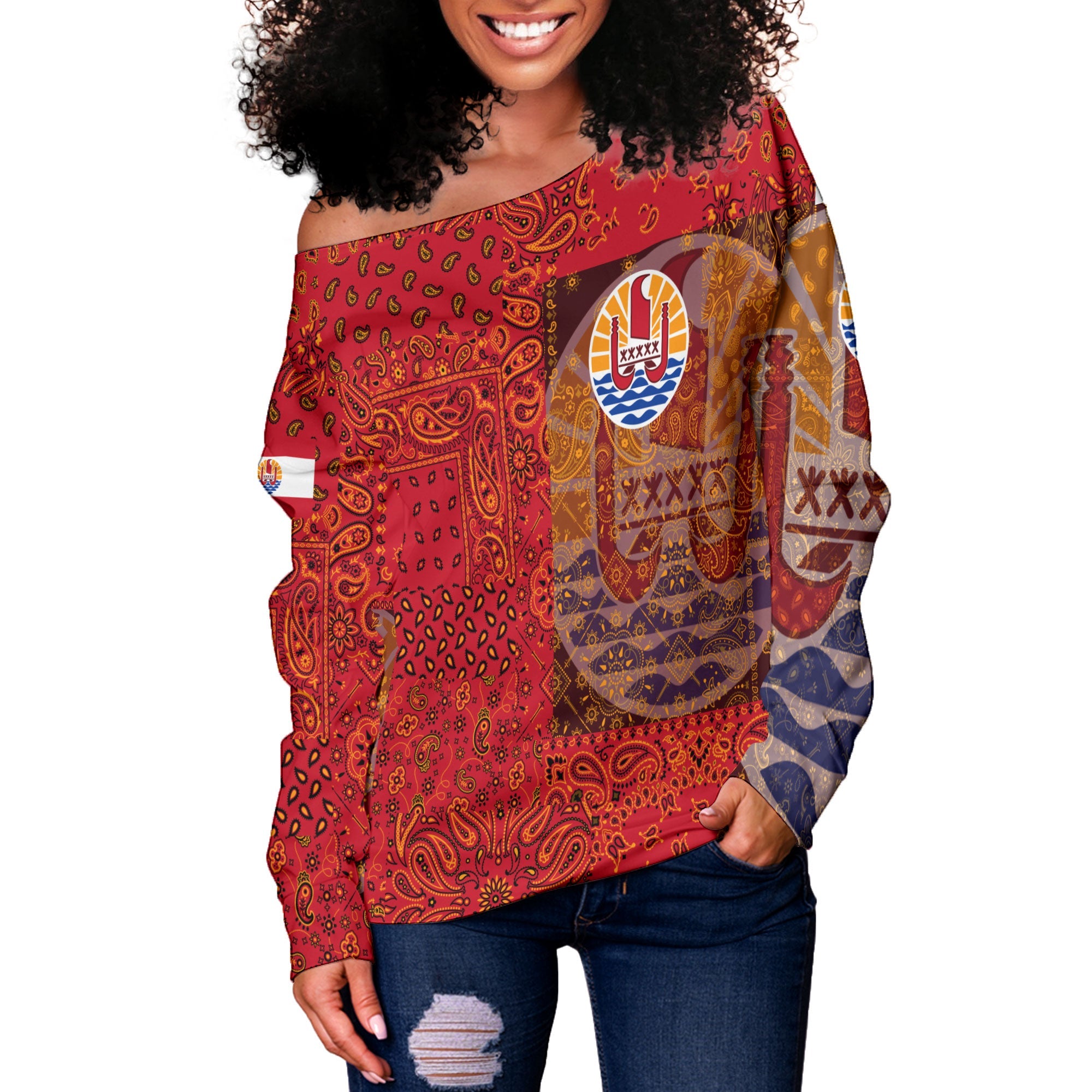 French Polynesia Women Off Shoulder Sweatshirt Paisley Flag And Skull Style 2