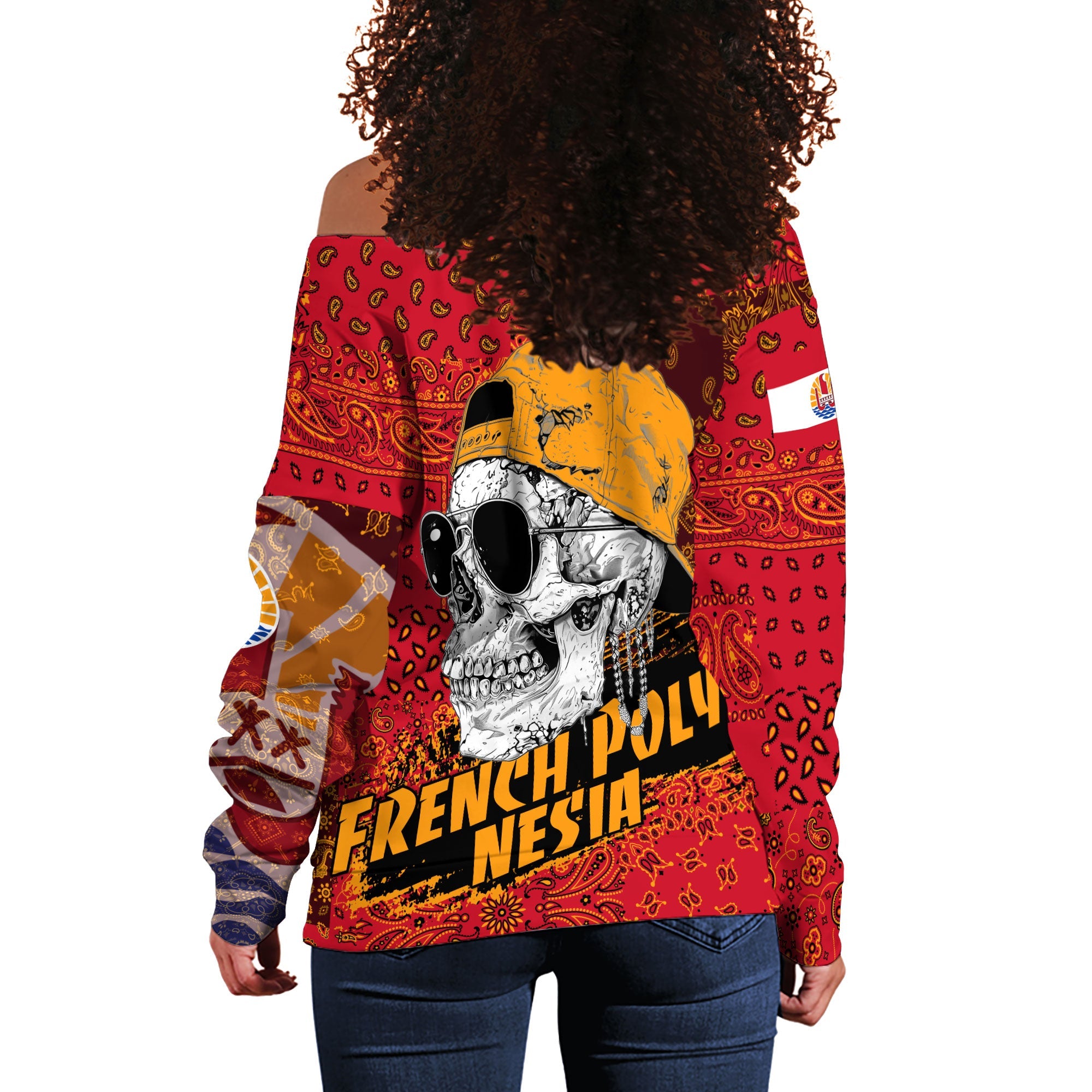 French Polynesia Women Off Shoulder Sweatshirt Paisley Flag And Skull Style 3