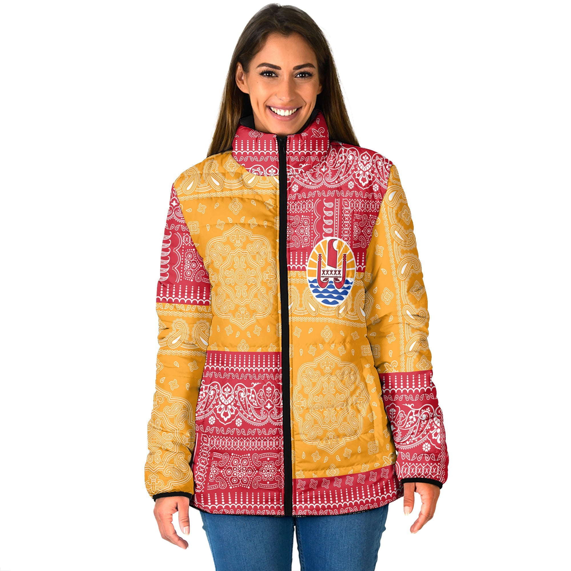 French Polynesia Women Padded Jacket Flag And Paisley Basic Style 1