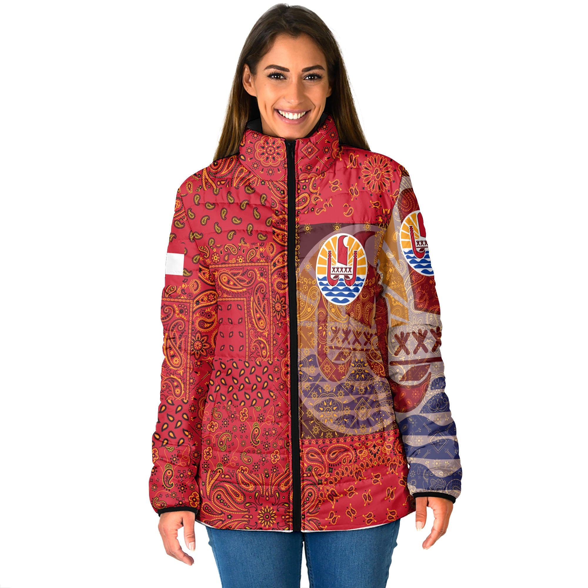 French Polynesia Women Padded Jacket Paisley Flag And Skull Style 1