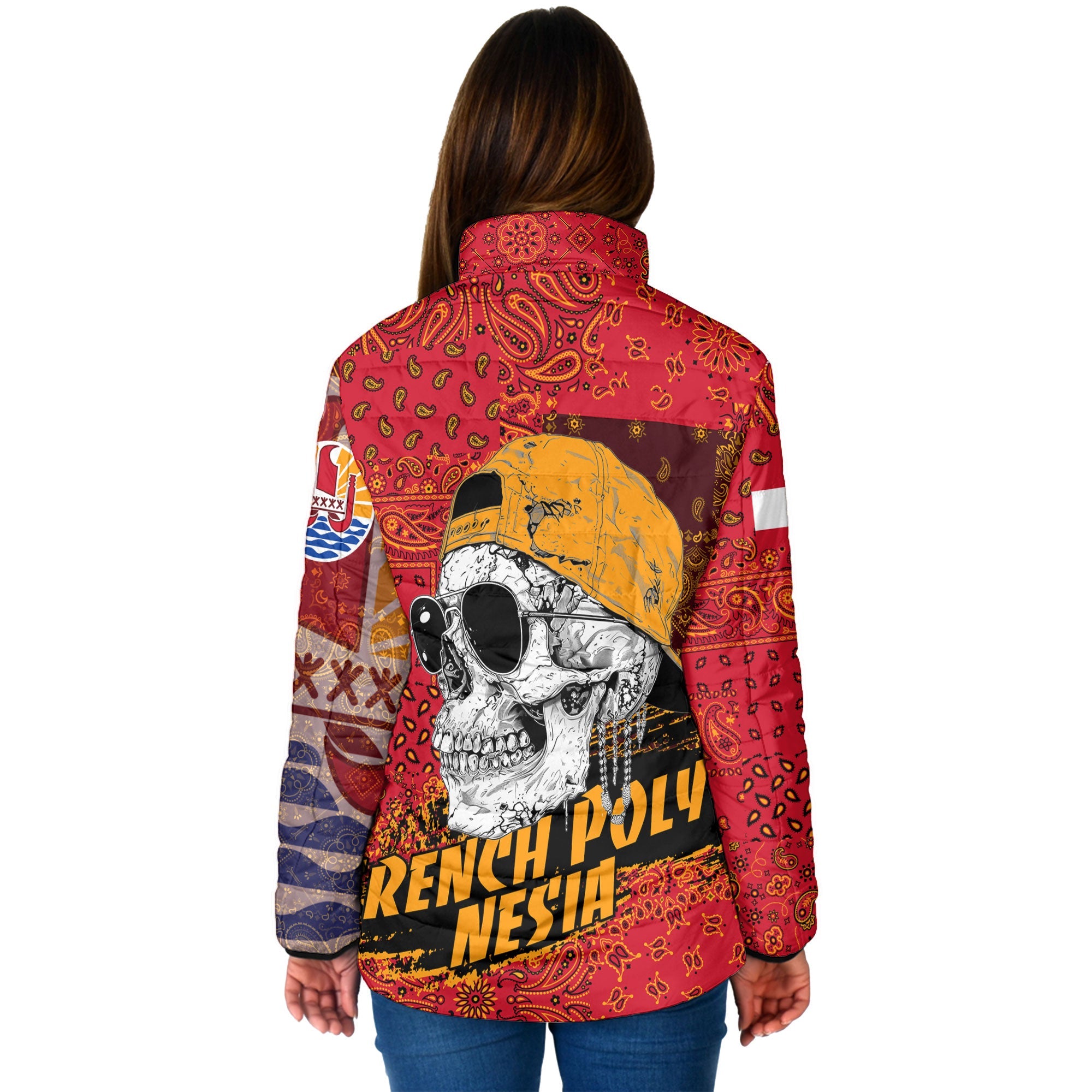 French Polynesia Women Padded Jacket Paisley Flag And Skull Style 2