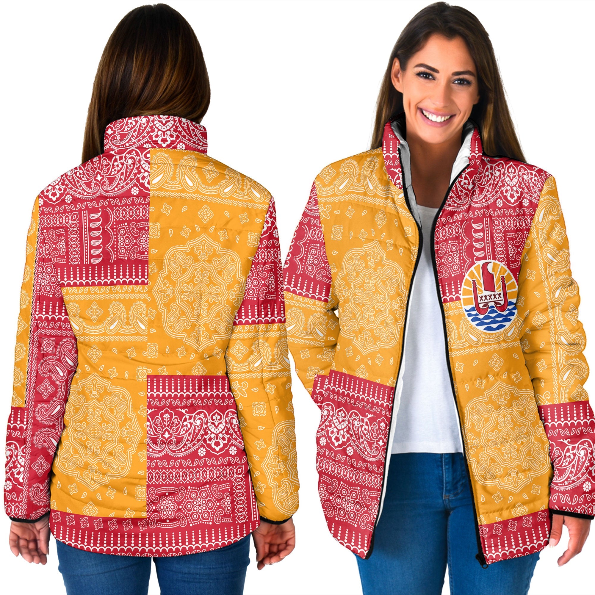 French Polynesia Women Padded Jacket Flag And Paisley Basic Style 3